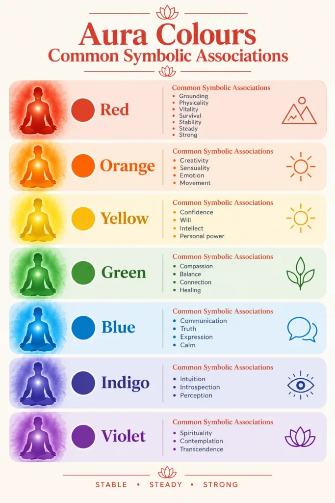 Aura colours infographic showing red, orange, yellow, green, blue, indigo and violet with their common symbolic associations