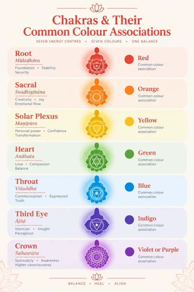 Chakras infographic showing Root, Sacral, Solar Plexus, Heart, Throat, Third Eye and Crown chakras with their Sanskrit names and associated colours